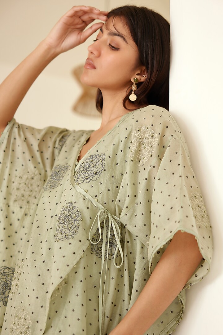 Dust Green Chanderi & Modal Hand Block Printed Kimono Set by Cotton and Clay at Pernia's Pop Up Shop
