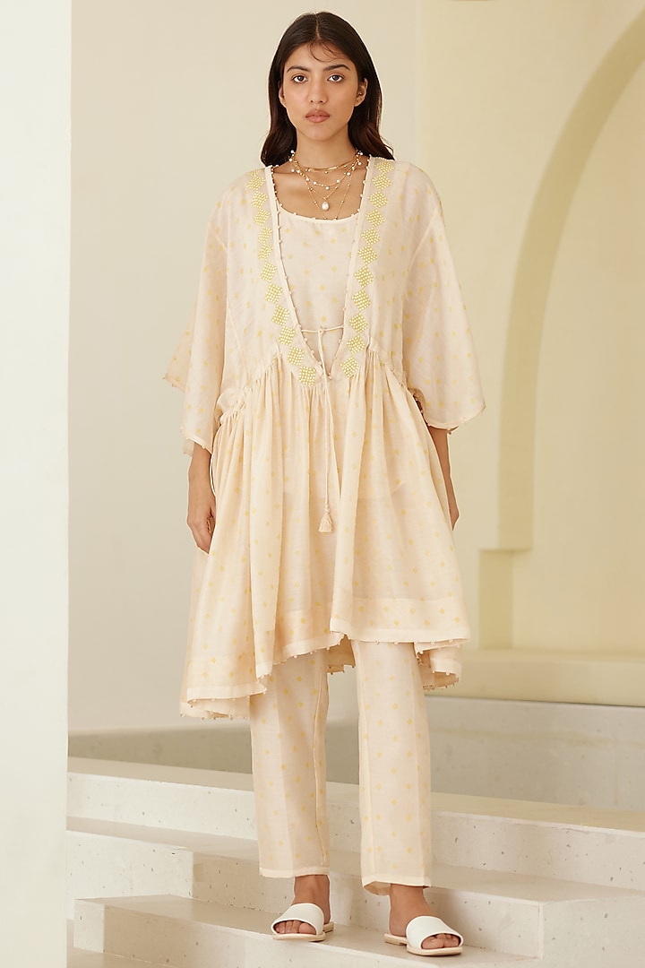 Almond Beige Silk Voile & Modal Hand Block Printed Kimono Set by Cotton and Clay at Pernia's Pop Up Shop