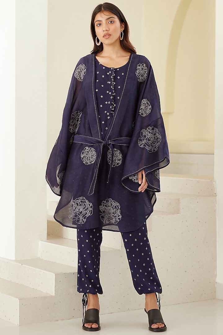 Insignia Blue Chanderi & Modal Hand Block Printed Kimono Set by Cotton and Clay