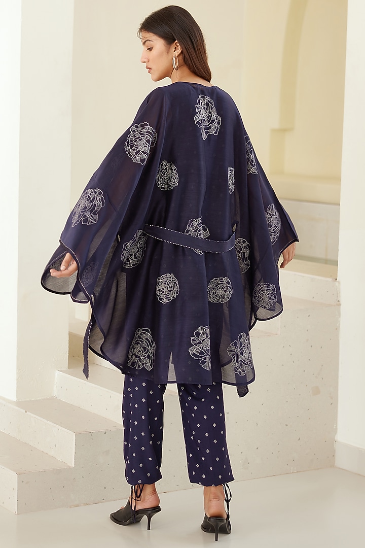 Insignia Blue Chanderi & Modal Hand Block Printed Kimono Set by Cotton and Clay at Pernia's Pop Up Shop