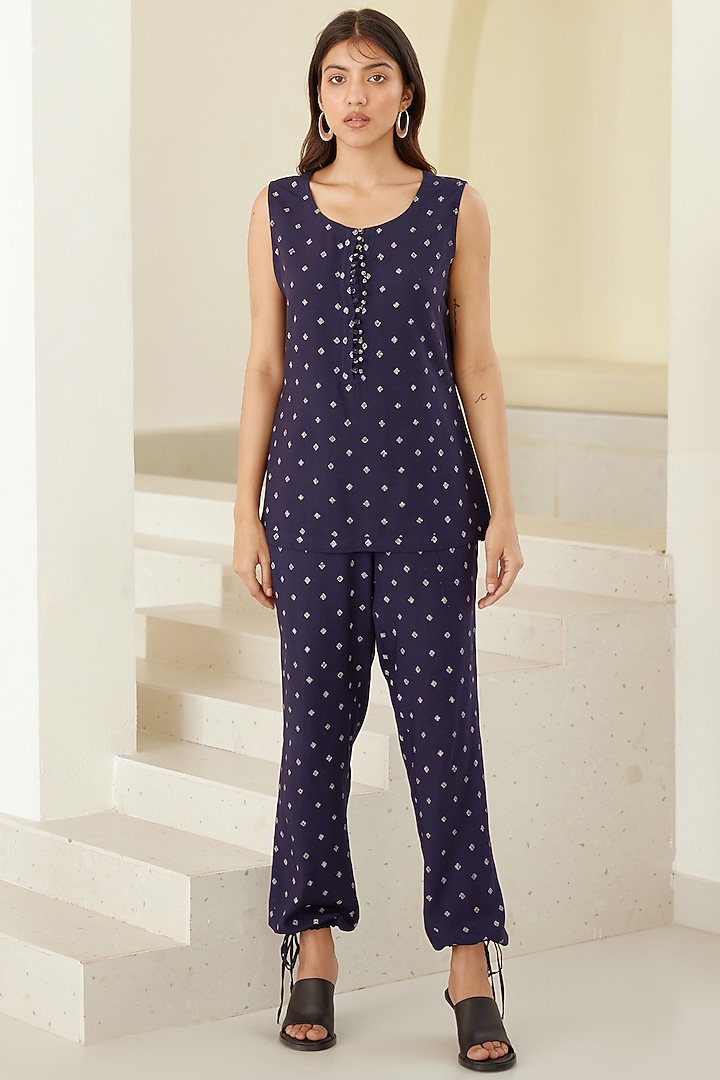 Insignia Blue Chanderi & Modal Hand Block Printed Kimono Set by Cotton and Clay at Pernia's Pop Up Shop