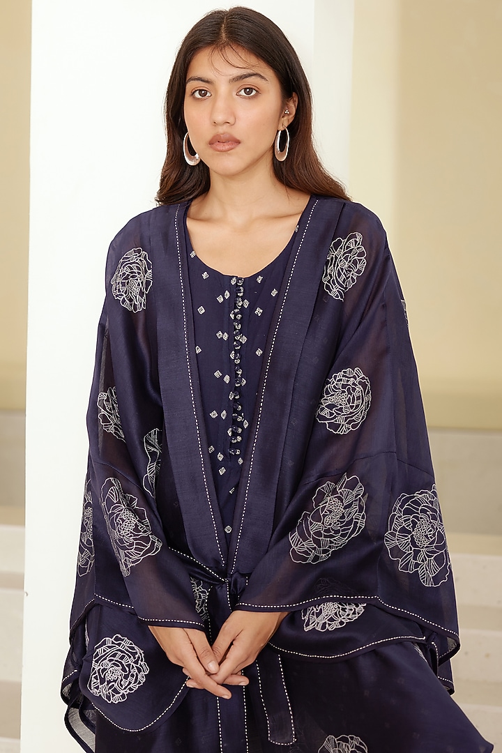 Insignia Blue Chanderi & Modal Hand Block Printed Kimono Set by Cotton and Clay at Pernia's Pop Up Shop