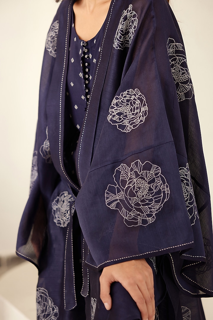 Insignia Blue Chanderi & Modal Hand Block Printed Kimono Set by Cotton and Clay at Pernia's Pop Up Shop