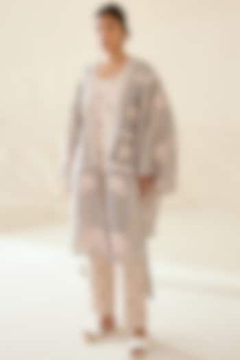 Stone And Pearl Silk Voile & Modal Hand Block Printed Kimono Set by Cotton and Clay at Pernia's Pop Up Shop