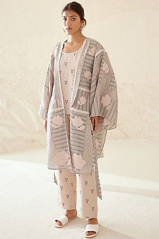 Stone And Pearl Silk Voile & Modal Hand Block Printed Kimono Set by Cotton and Clay