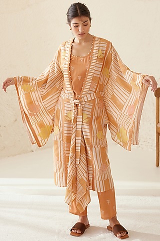 Russet Orange Silk Voile & Modal Hand Block Printed Kimono Set by Cotton and Clay