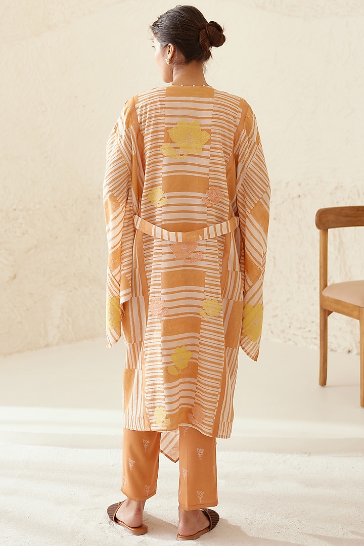 Russet Orange Silk Voile & Modal Hand Block Printed Kimono Set by Cotton and Clay at Pernia's Pop Up Shop