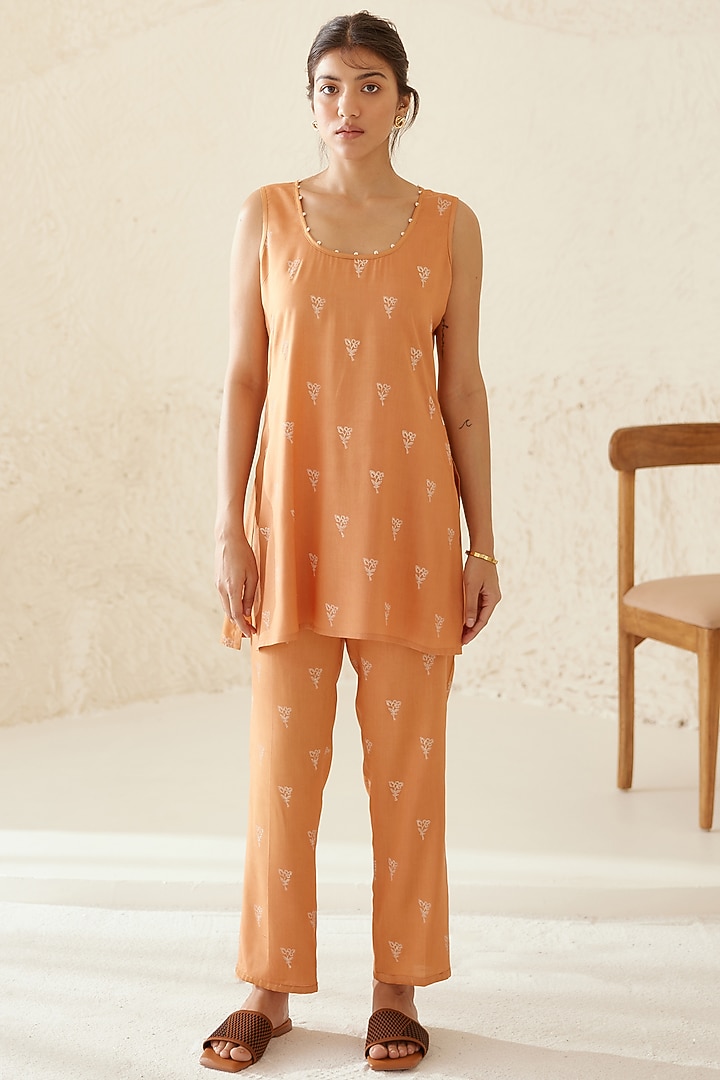 Russet Orange Silk Voile & Modal Hand Block Printed Kimono Set by Cotton and Clay at Pernia's Pop Up Shop