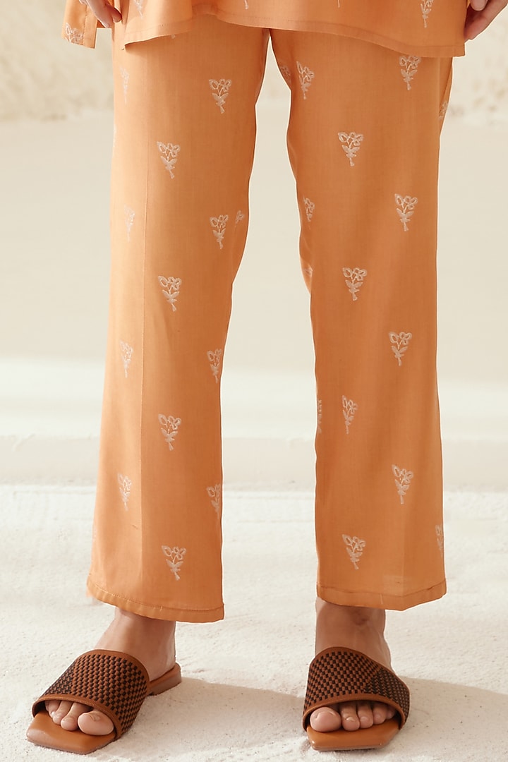 Russet Orange Silk Voile & Modal Hand Block Printed Kimono Set by Cotton and Clay at Pernia's Pop Up Shop