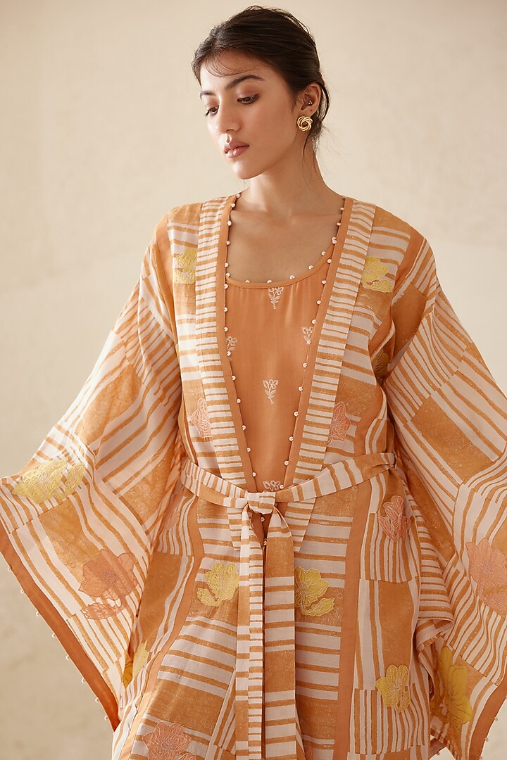 Russet Orange Silk Voile & Modal Hand Block Printed Kimono Set by Cotton and Clay at Pernia's Pop Up Shop