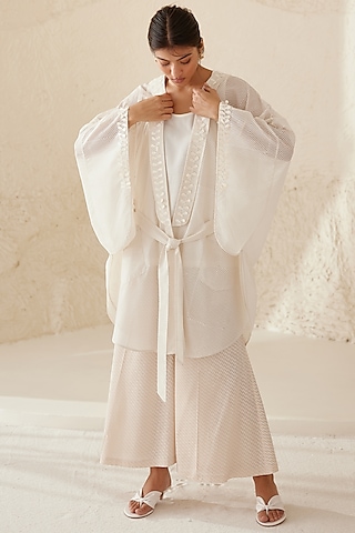 Pristine White Georgette & Modal Hand Block Printed Kimono Set by Cotton and Clay