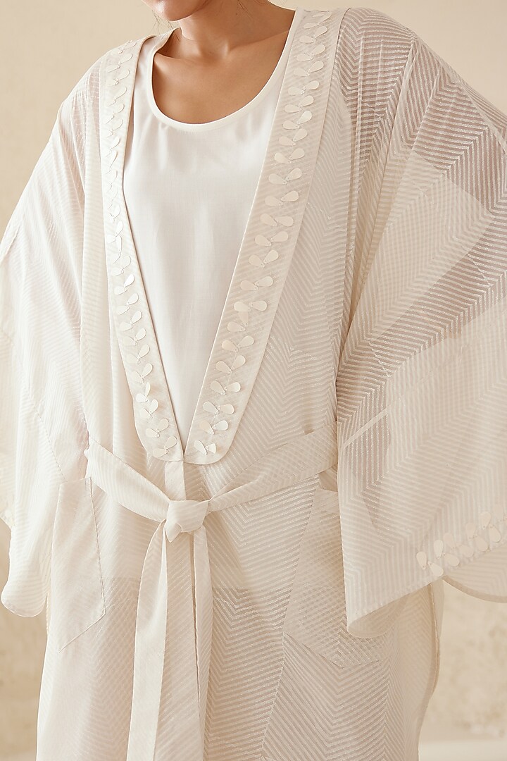 Pristine White Georgette & Modal Hand Block Printed Kimono Set by Cotton and Clay at Pernia's Pop Up Shop