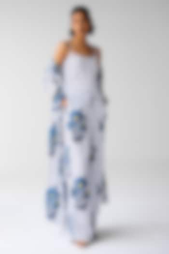 White & Navy Blue Cotton Satin Twill Block Printed Jacket Set by Cotton and Clay at Pernia's Pop Up Shop