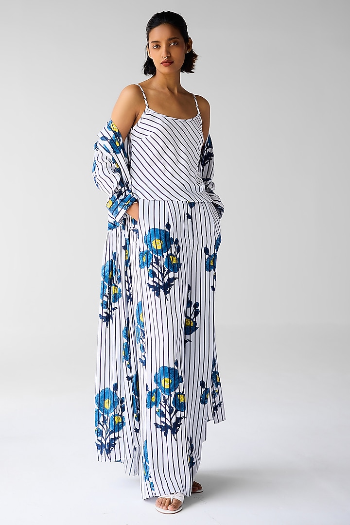 White & Navy Blue Cotton Satin Twill Block Printed Jacket Set by Cotton and Clay at Pernia's Pop Up Shop