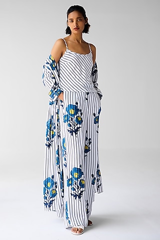 White & Navy Blue Cotton Satin Twill Block Printed Jacket Set by Cotton and Clay
