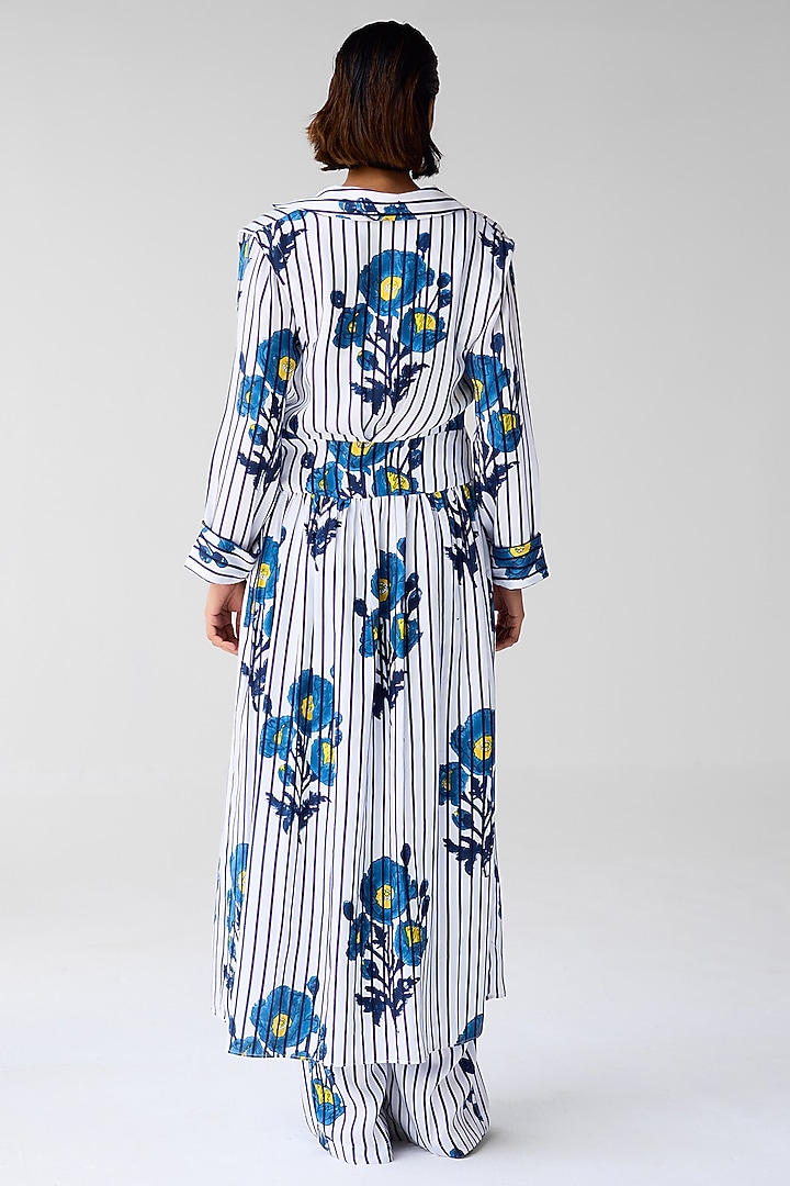 White & Navy Blue Cotton Satin Twill Block Printed Jacket Set by Cotton and Clay at Pernia's Pop Up Shop