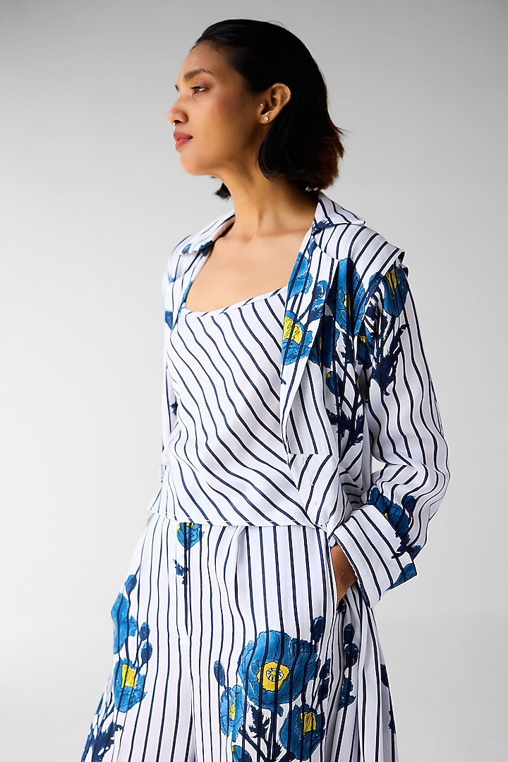 White & Navy Blue Cotton Satin Twill Block Printed Jacket Set by Cotton and Clay at Pernia's Pop Up Shop
