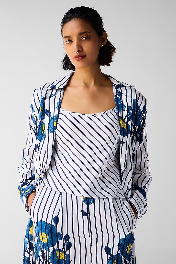 White & Navy Blue Cotton Satin Twill Block Printed Jacket Set by Cotton and Clay at Pernia's Pop Up Shop