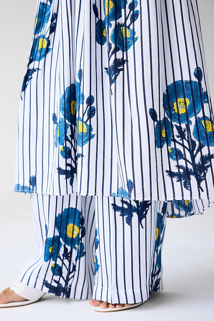 White & Navy Blue Cotton Satin Twill Block Printed Jacket Set by Cotton and Clay at Pernia's Pop Up Shop