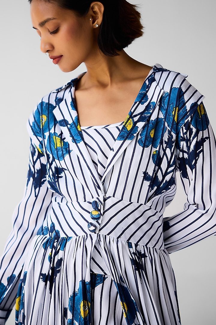 White & Navy Blue Cotton Satin Twill Block Printed Jacket Set by Cotton and Clay at Pernia's Pop Up Shop
