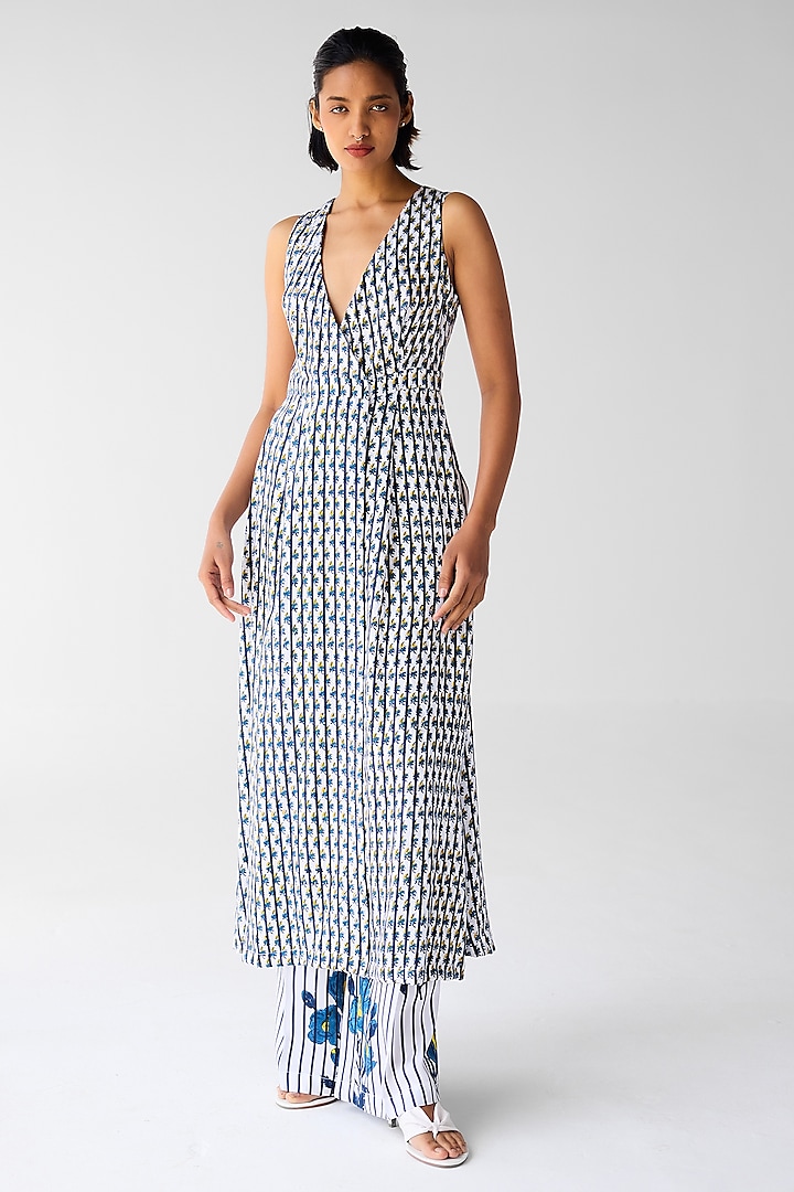 White & Navy Blue Cotton Satin Twill Block Printed Co-Ord Set by Cotton and Clay at Pernia's Pop Up Shop