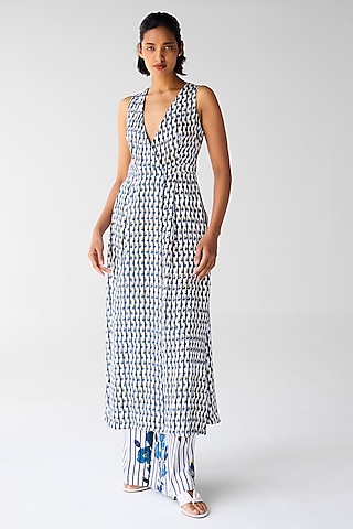 White & Navy Blue Cotton Satin Twill Block Printed Co-Ord Set by Cotton and Clay