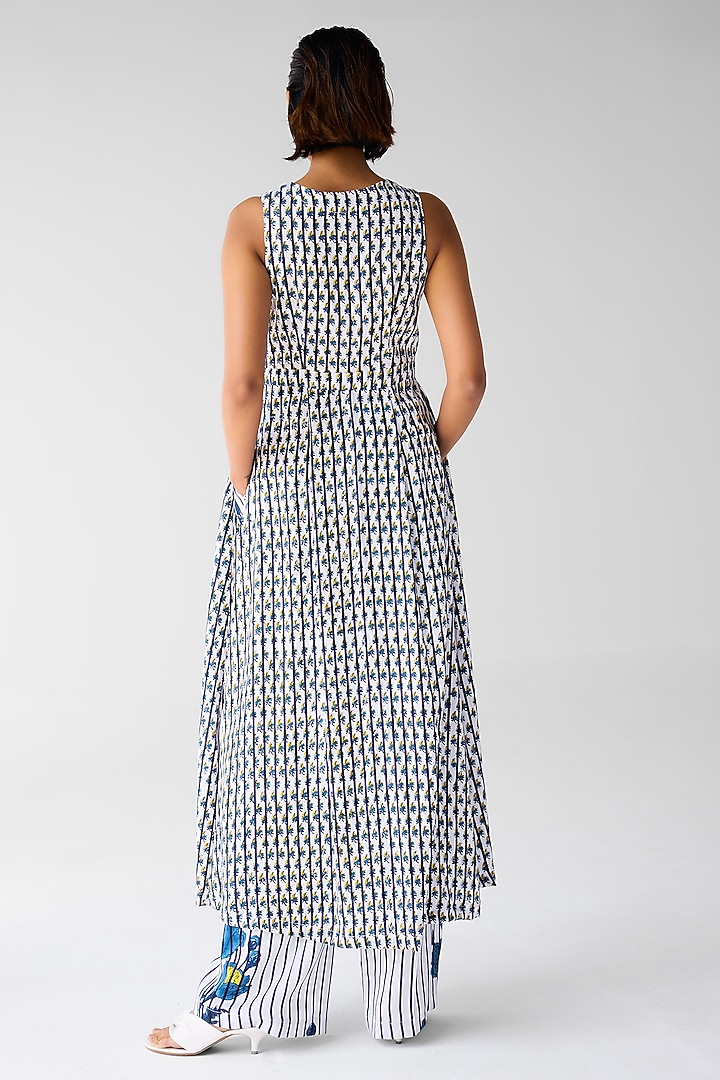 White & Navy Blue Cotton Satin Twill Block Printed Co-Ord Set by Cotton and Clay at Pernia's Pop Up Shop