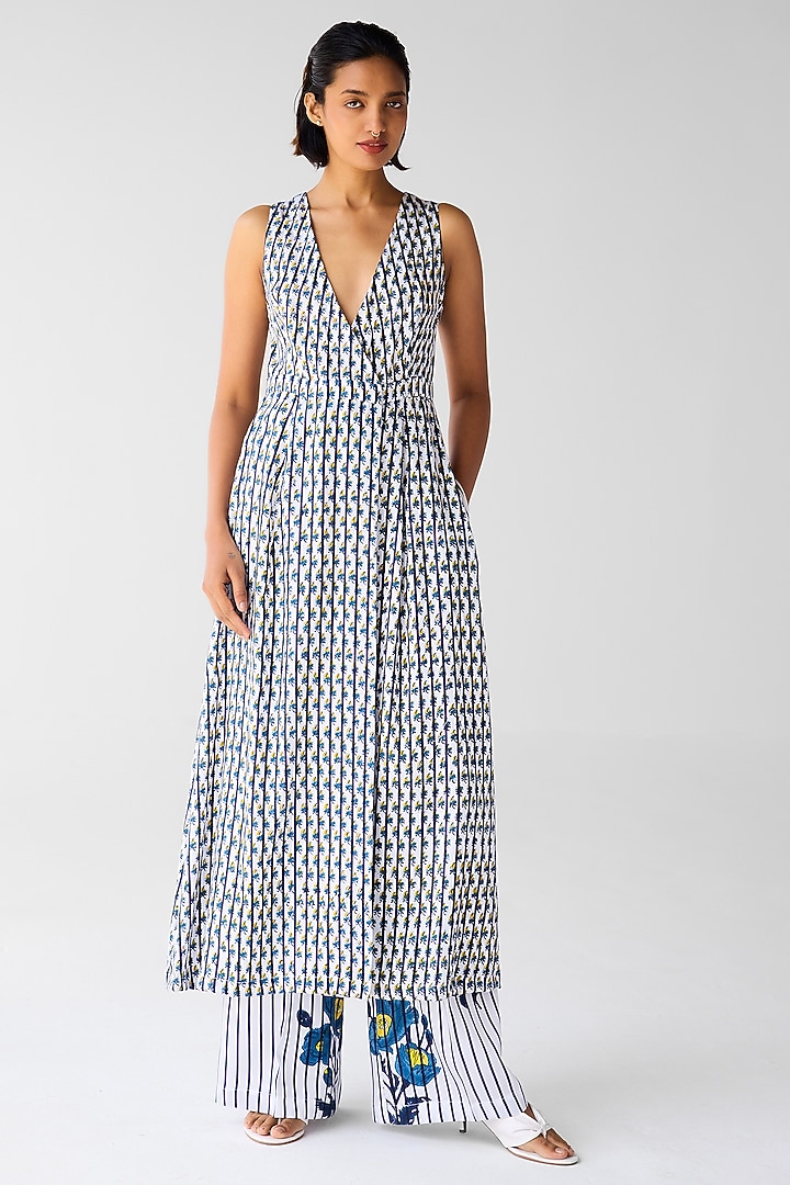 White & Navy Blue Cotton Satin Twill Block Printed Co-Ord Set by Cotton and Clay at Pernia's Pop Up Shop