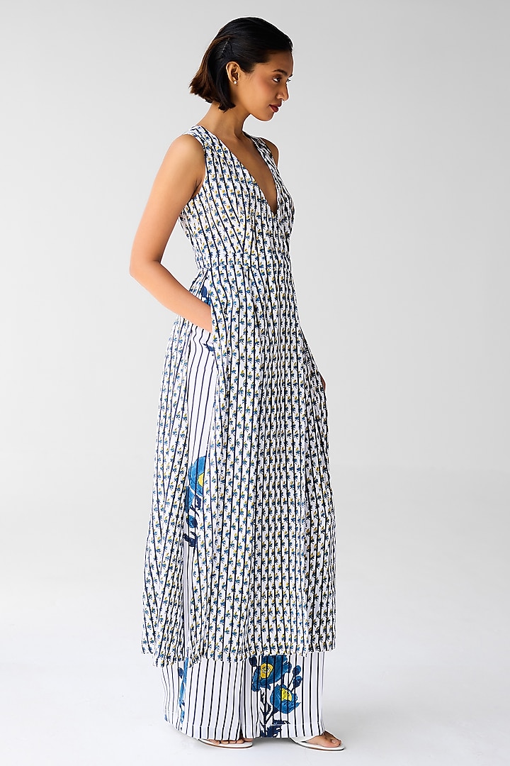 White & Navy Blue Cotton Satin Twill Block Printed Co-Ord Set by Cotton and Clay at Pernia's Pop Up Shop