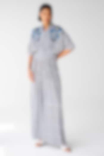 White & Navy Blue Cotton Satin Twill Block Printed Jumpsuit by Cotton and Clay at Pernia's Pop Up Shop