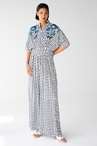 White & Navy Blue Cotton Satin Twill Block Printed Jumpsuit by Cotton and Clay