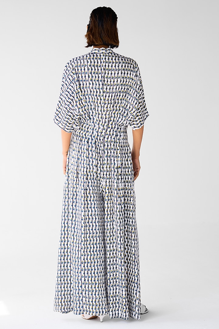 White & Navy Blue Cotton Satin Twill Block Printed Jumpsuit by Cotton and Clay at Pernia's Pop Up Shop