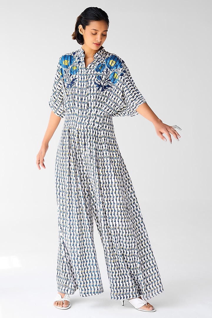 White & Navy Blue Cotton Satin Twill Block Printed Jumpsuit by Cotton and Clay at Pernia's Pop Up Shop