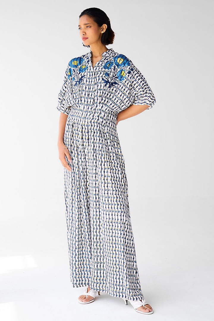 White & Navy Blue Cotton Satin Twill Block Printed Jumpsuit by Cotton and Clay at Pernia's Pop Up Shop