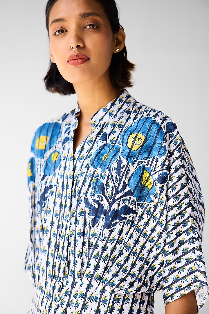 White & Navy Blue Cotton Satin Twill Block Printed Jumpsuit by Cotton and Clay at Pernia's Pop Up Shop