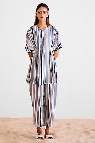 Off-White & Navy Blue Cotton Silk Block Printed Co-Ord Set by Cotton and Clay