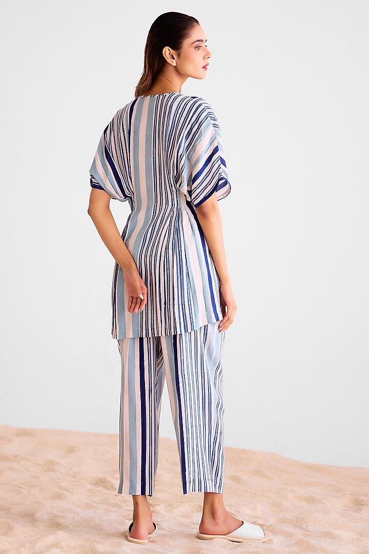Off-White & Navy Blue Cotton Silk Block Printed Co-Ord Set by Cotton and Clay at Pernia's Pop Up Shop