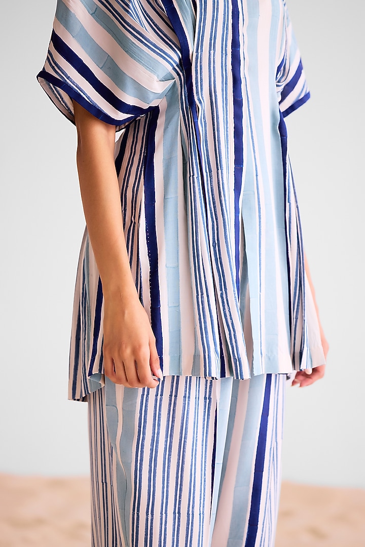 Off-White & Navy Blue Cotton Silk Block Printed Co-Ord Set by Cotton and Clay at Pernia's Pop Up Shop