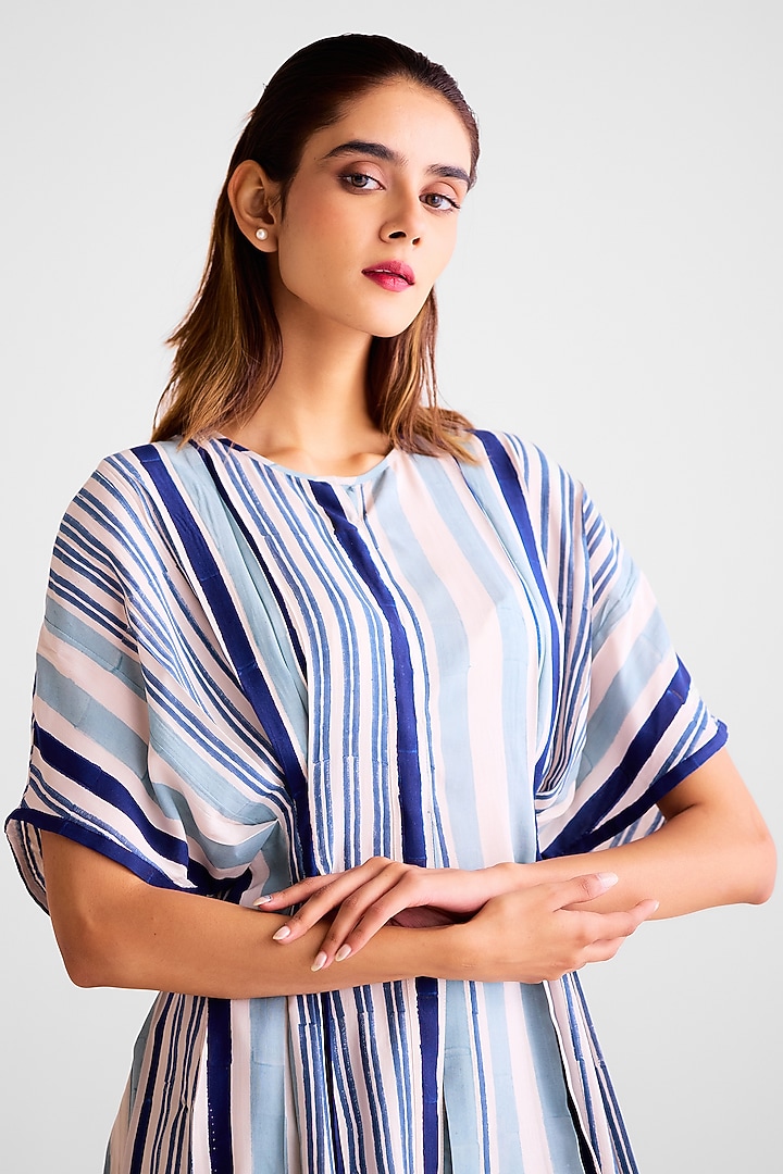 Off-White & Navy Blue Cotton Silk Block Printed Co-Ord Set by Cotton and Clay at Pernia's Pop Up Shop