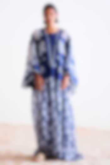 Indigo Chanderi Hand Block Printed Kimono Vacation Dress by Cotton and Clay at Pernia's Pop Up Shop