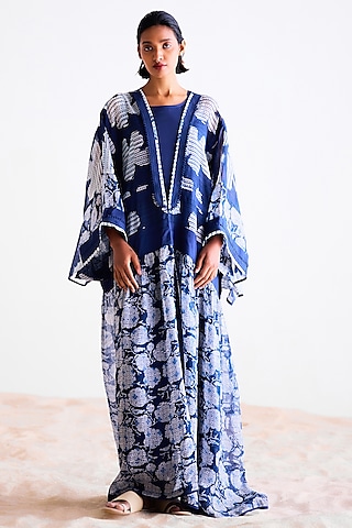 Indigo Chanderi Hand Block Printed Kimono Dress by Cotton and Clay