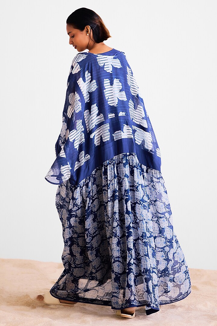 Indigo Chanderi Hand Block Printed Kimono Vacation Dress by Cotton and Clay at Pernia's Pop Up Shop