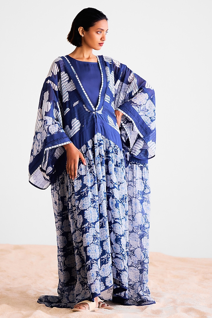 Indigo Chanderi Hand Block Printed Kimono Vacation Dress by Cotton and Clay at Pernia's Pop Up Shop