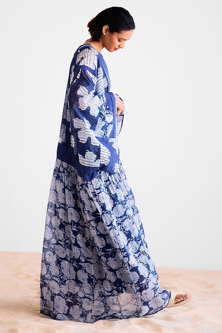 Indigo Chanderi Hand Block Printed Kimono Vacation Dress by Cotton and Clay at Pernia's Pop Up Shop