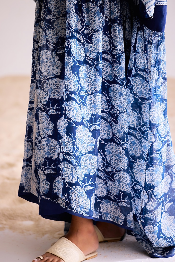 Indigo Chanderi Hand Block Printed Kimono Vacation Dress by Cotton and Clay at Pernia's Pop Up Shop