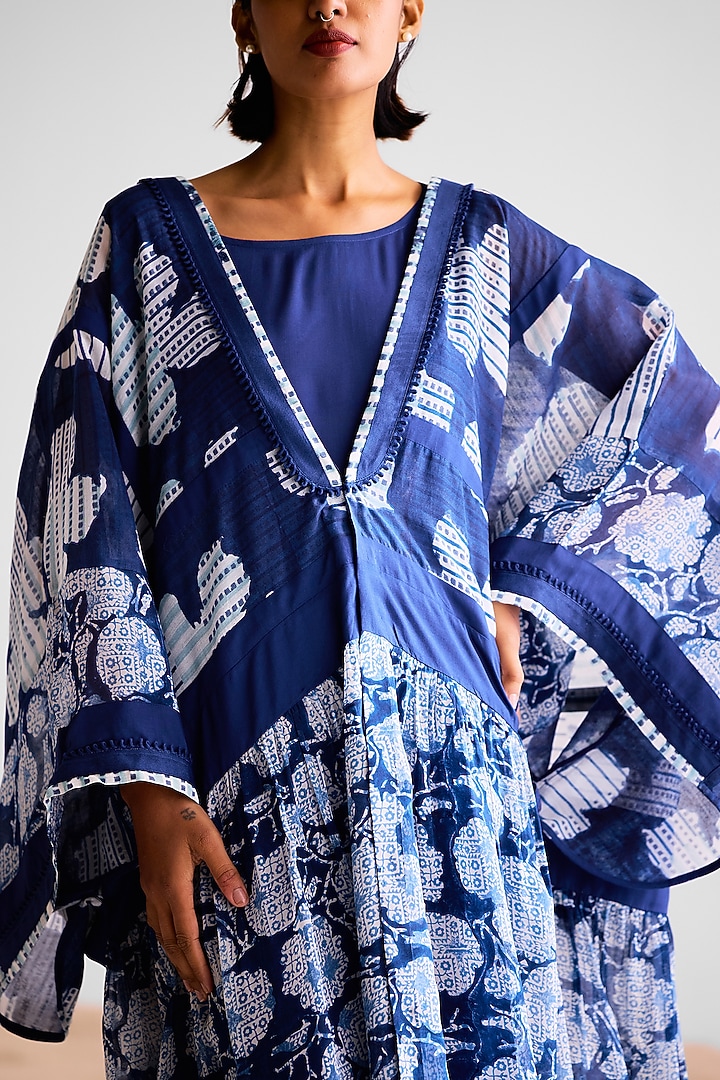 Indigo Chanderi Hand Block Printed Kimono Vacation Dress by Cotton and Clay at Pernia's Pop Up Shop