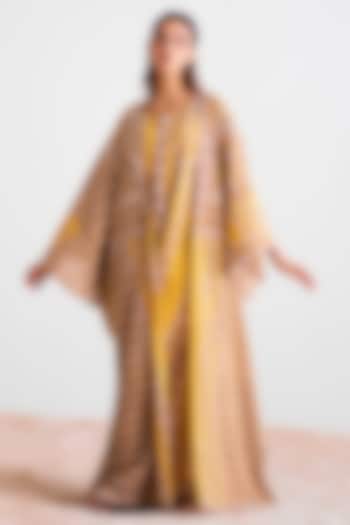 Mustard & Golden Brown Cotton Hand Block Printed Kimono Vacation Dress With Jumpsuit by Cotton and Clay at Pernia's Pop Up Shop