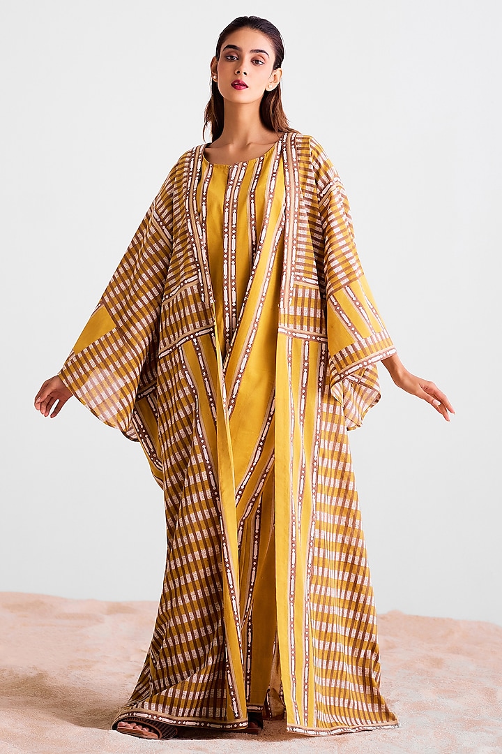 Mustard & Golden Brown Cotton Hand Block Printed Kimono Vacation Dress With Jumpsuit by Cotton and Clay at Pernia's Pop Up Shop
