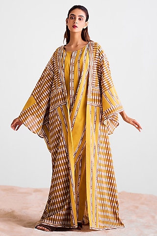 Mustard & Golden Brown Cotton Hand Block Printed Kimono Dress With Jumpsuit by Cotton and Clay