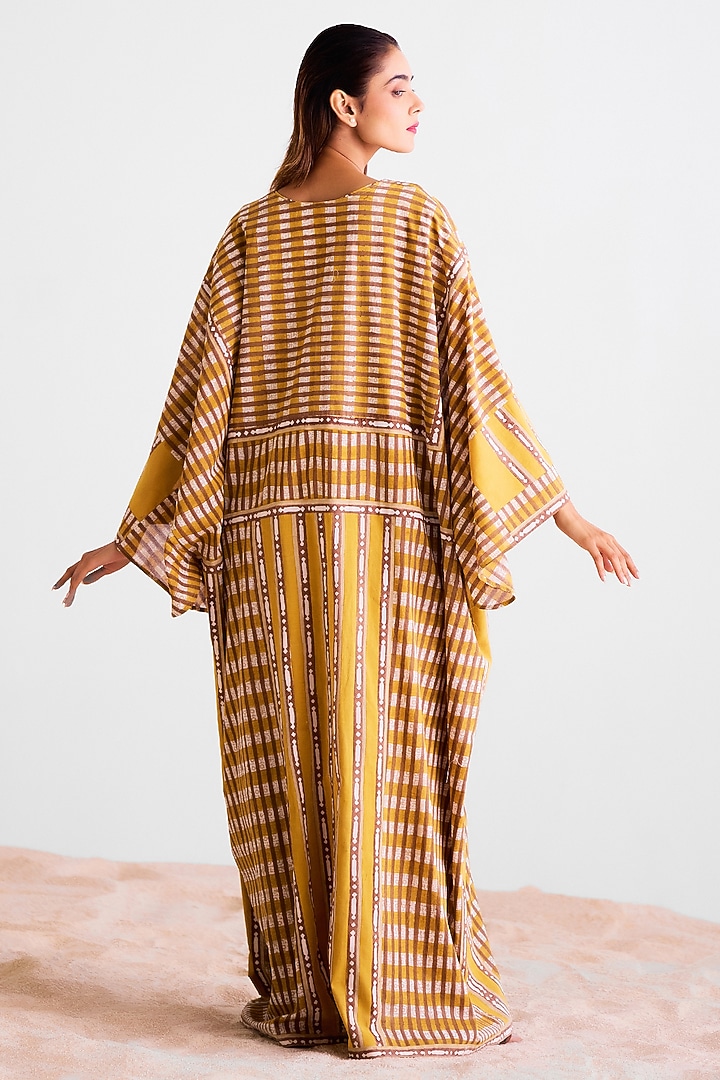 Mustard & Golden Brown Cotton Hand Block Printed Kimono Vacation Dress With Jumpsuit by Cotton and Clay at Pernia's Pop Up Shop